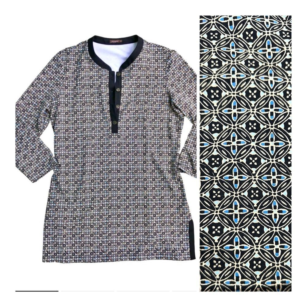 J.McLaughlin Tunic Top Black White Blue Geometric Print Catalina Cloth M